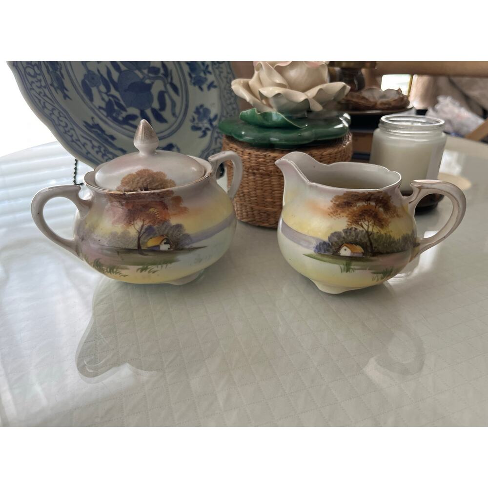 Antique Nippon Sugar & Creamer Set Hand Painted Floral Gold Grandmillennial‎